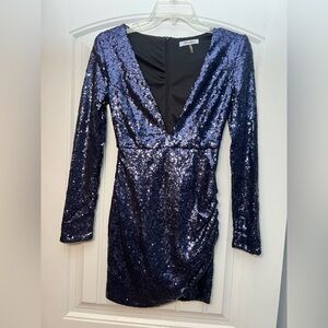 Xtaren Royal Blue Sequin Long-Sleeve V-Neck Dress - Size Small